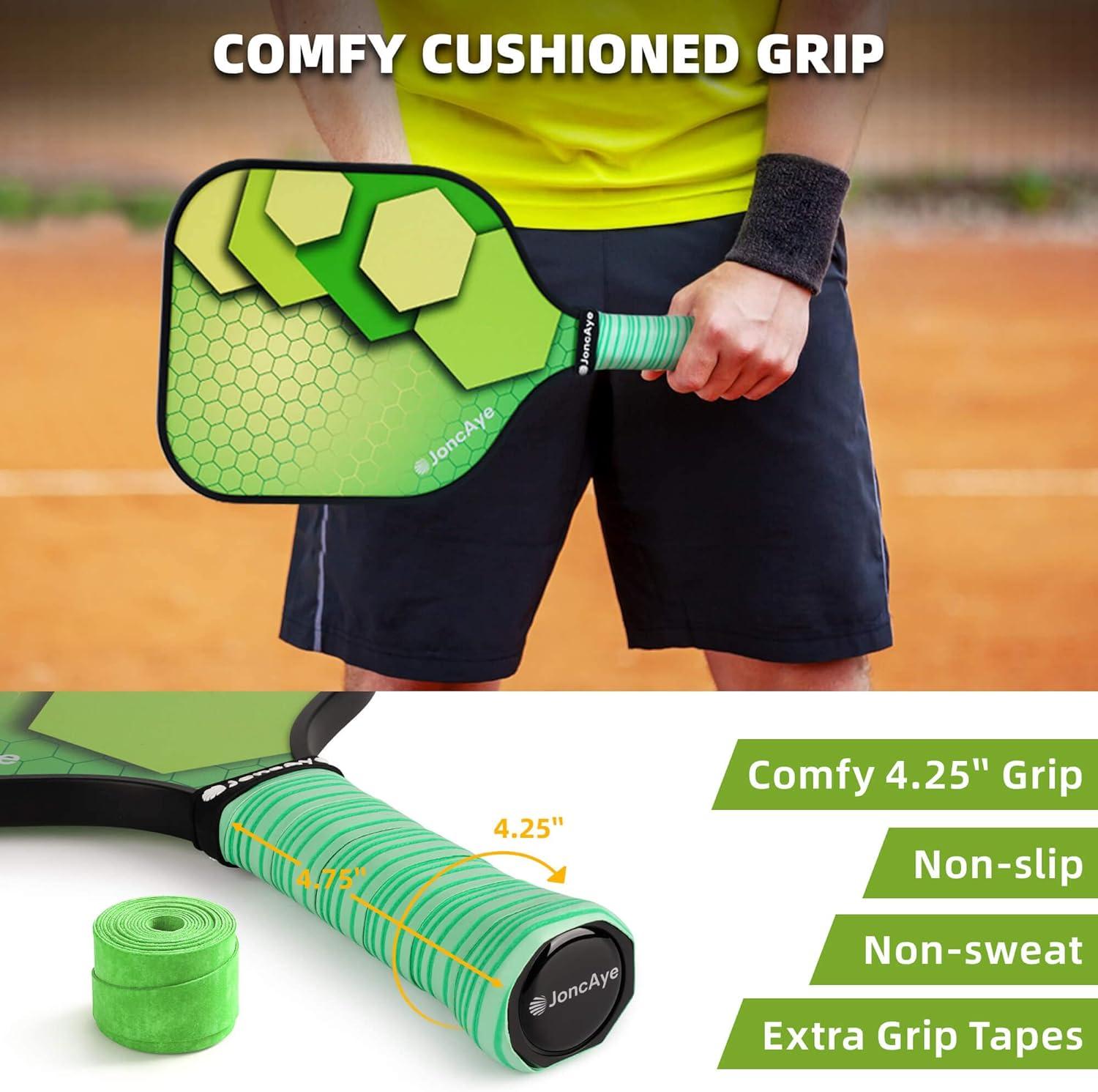 imagePickleballPaddlesSet of 4 or 2 Rackets by JoncAye USAPA Approved PickleBall Equipment with Balls Bag Accessories Fiberglass Graphite Pickleball Racquet Set for Men Women Kids AdultsCyclone 4PK GreenBlue