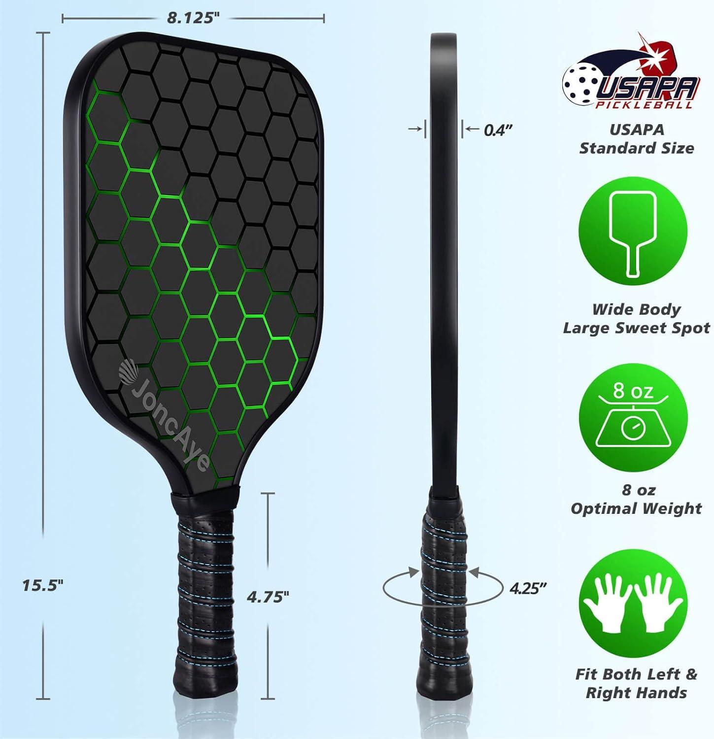 imagePickleballPaddlesSet of 4 or 2 Rackets by JoncAye USAPA Approved PickleBall Equipment with Balls Bag Accessories Fiberglass Graphite Pickleball Racquet Set for Men Women Kids AdultsBLITZ 2PK GreenBlue