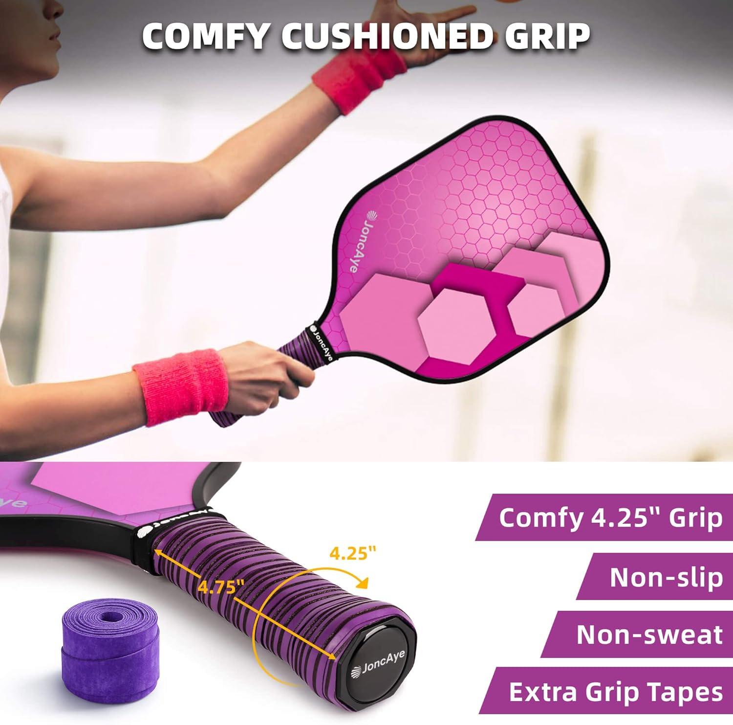 imagePickleballPaddlesSet of 4 or 2 Rackets by JoncAye USAPA Approved PickleBall Equipment with Balls Bag Accessories Fiberglass Graphite Pickleball Racquet Set for Men Women Kids AdultsCyclone 4PK PinkBlue