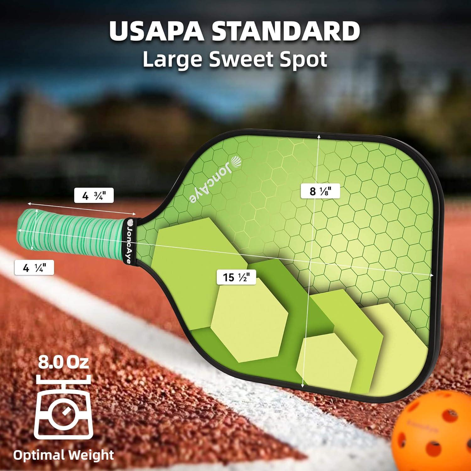 imagePickleballPaddlesSet of 4 or 2 Rackets by JoncAye USAPA Approved PickleBall Equipment with Balls Bag Accessories Fiberglass Graphite Pickleball Racquet Set for Men Women Kids AdultsCyclone 4PK GreenBlue