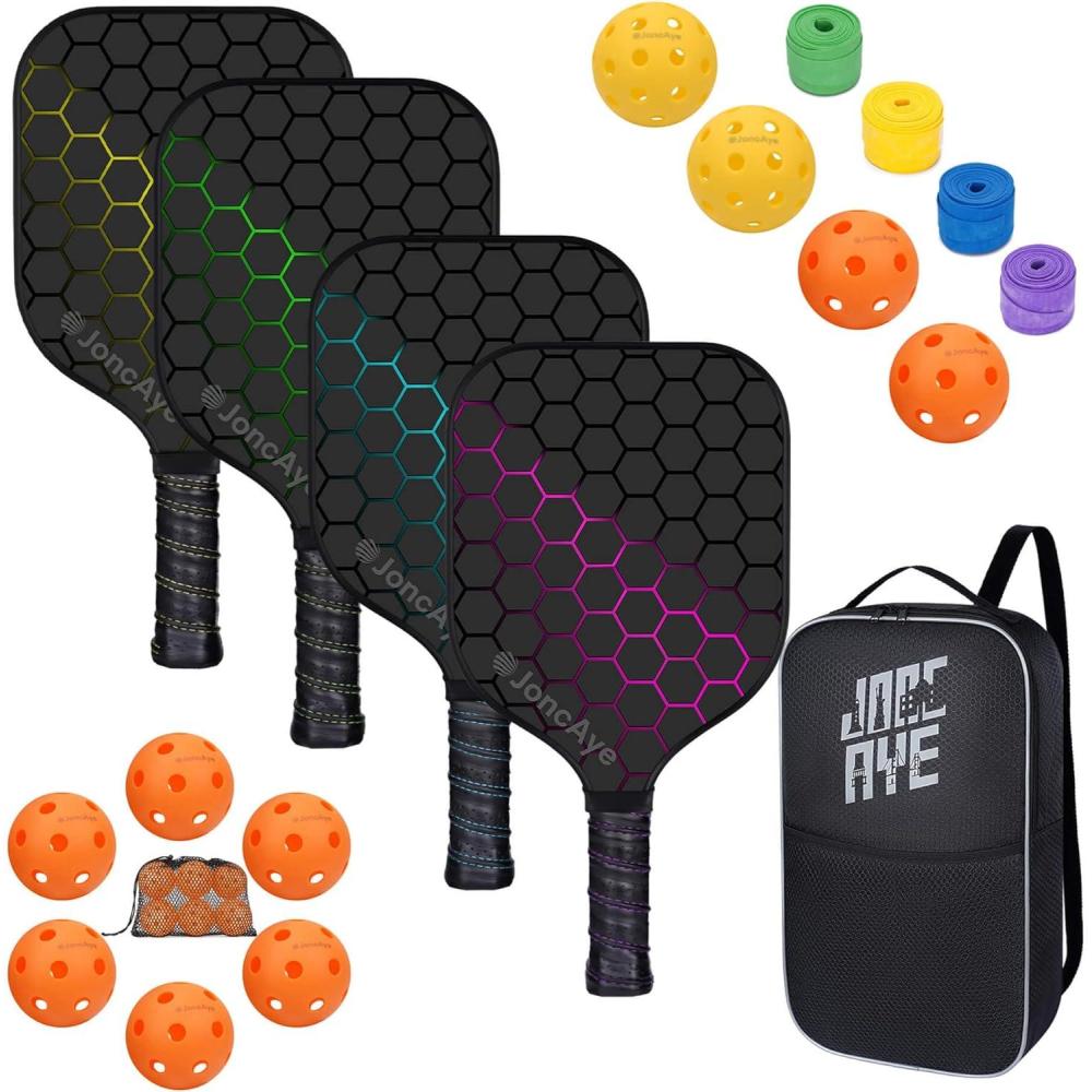 imagePickleball Paddles Set of 4 with 10 Indoor Outdoor Pickleball Balls 1 Carrying Bag 4 OverGrips Lightweight Pickleball Set for Beginners Intermediates Pink Blue  Pickleball Gifts with Accessories