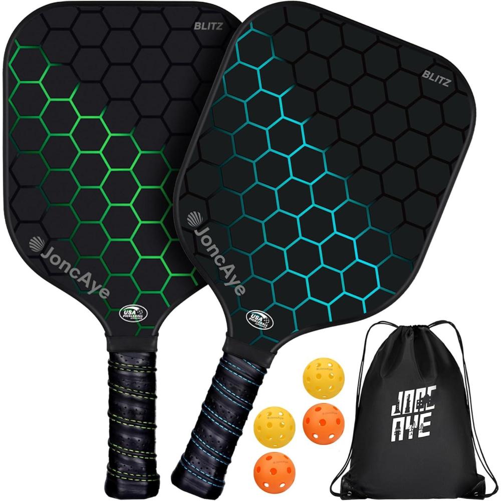 imagePickleballPaddlesSet of 4 or 2 Rackets by JoncAye USAPA Approved PickleBall Equipment with Balls Bag Accessories Fiberglass Graphite Pickleball Racquet Set for Men Women Kids AdultsBLITZ 2PK GreenBlue
