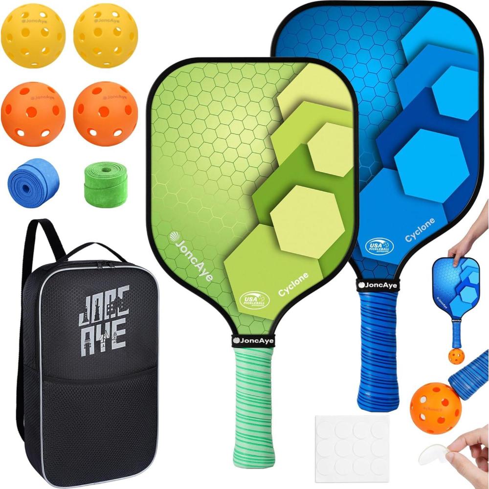 imagePickleballPaddlesSet of 4 or 2 Rackets by JoncAye USAPA Approved PickleBall Equipment with Balls Bag Accessories Fiberglass Graphite Pickleball Racquet Set for Men Women Kids AdultsCyclone 2PK GreenBlue