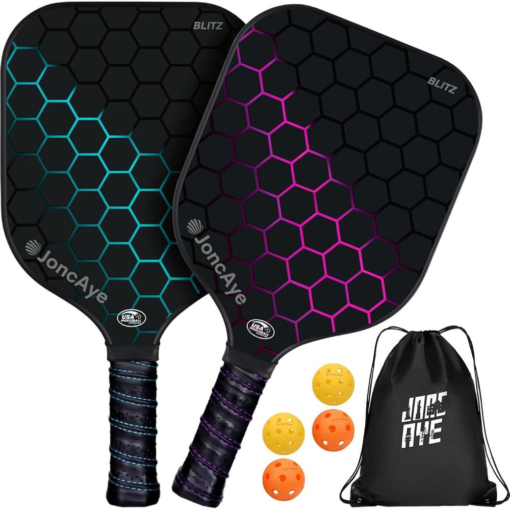 imagePickleballPaddlesSet of 4 or 2 Rackets by JoncAye USAPA Approved PickleBall Equipment with Balls Bag Accessories Fiberglass Graphite Pickleball Racquet Set for Men Women Kids AdultsBLITZ 2PK PinkBlue