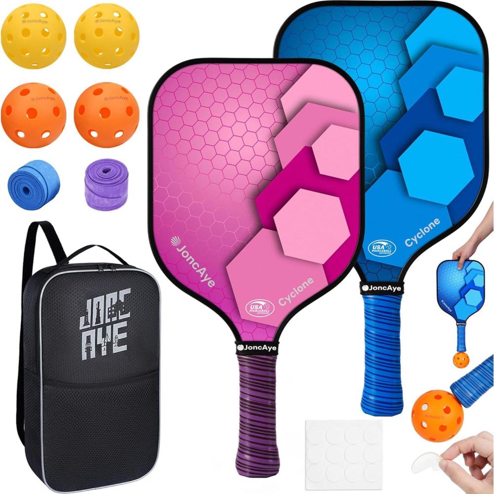 imagePickleballPaddlesSet of 4 or 2 Rackets by JoncAye USAPA Approved PickleBall Equipment with Balls Bag Accessories Fiberglass Graphite Pickleball Racquet Set for Men Women Kids AdultsCyclone 2PK PinkBlue