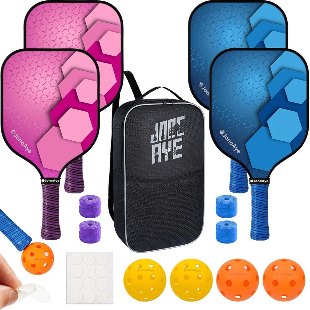 imagePickleballPaddlesSet of 4 or 2 Rackets by JoncAye USAPA Approved PickleBall Equipment with Balls Bag Accessories Fiberglass Graphite Pickleball Racquet Set for Men Women Kids AdultsCyclone 4PK PinkBlue