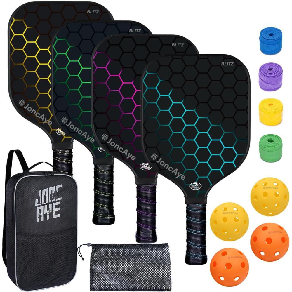 imagePickleballPaddlesSet of 4 or 2 Rackets by JoncAye USAPA Approved PickleBall Equipment with Balls Bag Accessories Fiberglass Graphite Pickleball Racquet Set for Men Women Kids AdultsBLITZ 4PK