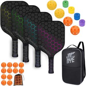imageJoncAye Pickleball Bundle PickleballPaddlesSetof4 with 16 Balls 1 Racket Bag 2 Ball Bag 4 Grip Tapes 12 Ball Retrievers  Pickleball Starter Set of Racquets and Accessories  Pickleball Gift