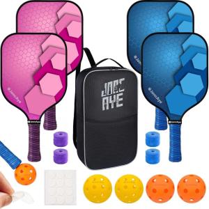 imagePickleballPaddlesSet of 4 or 2 Rackets by JoncAye USAPA Approved PickleBall Equipment with Balls Bag Accessories Fiberglass Graphite Pickleball Racquet Set for Men Women Kids AdultsCyclone 4PK PinkBlue