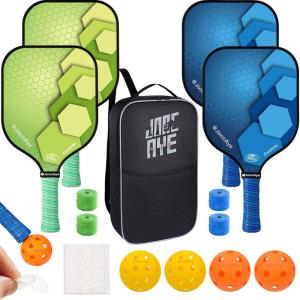 imagePickleballPaddlesSet of 4 or 2 Rackets by JoncAye USAPA Approved PickleBall Equipment with Balls Bag Accessories Fiberglass Graphite Pickleball Racquet Set for Men Women Kids AdultsCyclone 4PK GreenBlue